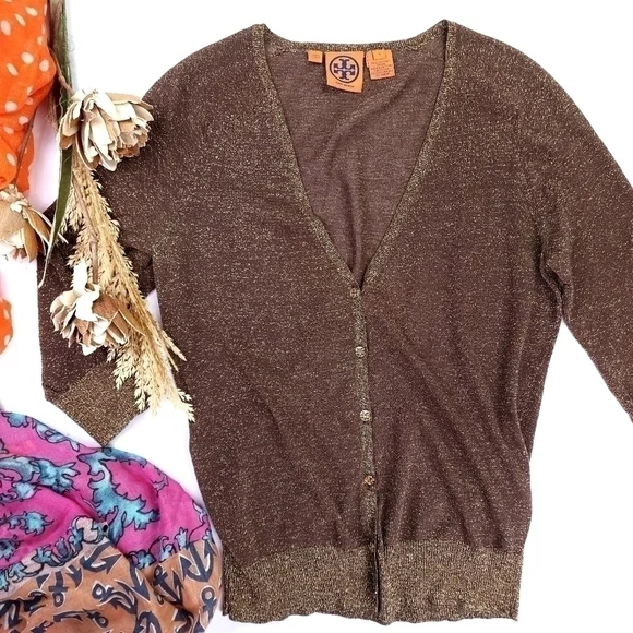 Tory Burch Brown Gold Shimmer Thin Sweater Sz S - Picture 7 of 13